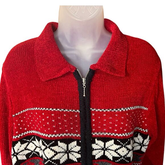 Vtg Parisian Works Red Nordic Fair Isle Zip Front Cardigan Sweater w/Collar Sz M - Picture 3 of 11